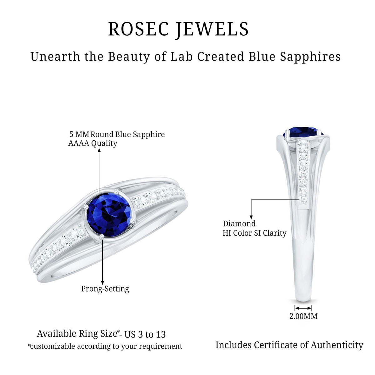 Created blue sapphire and diamond engagement ring by Rosec Jewels featuring a central blue sapphire gemstone with surrounding diamonds.