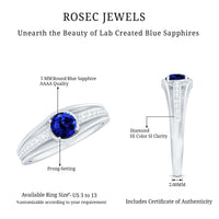 Created blue sapphire and diamond engagement ring by Rosec Jewels featuring a central blue sapphire gemstone with surrounding diamonds.