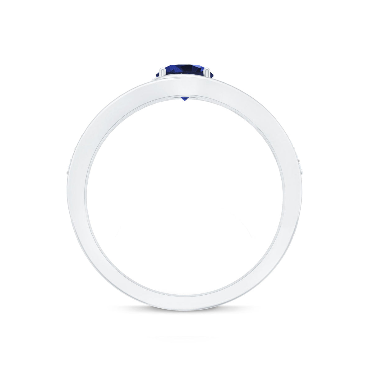 Created blue sapphire and diamond engagement ring by Rosec Jewels featuring a classic design with central blue sapphire and surrounding diamonds.