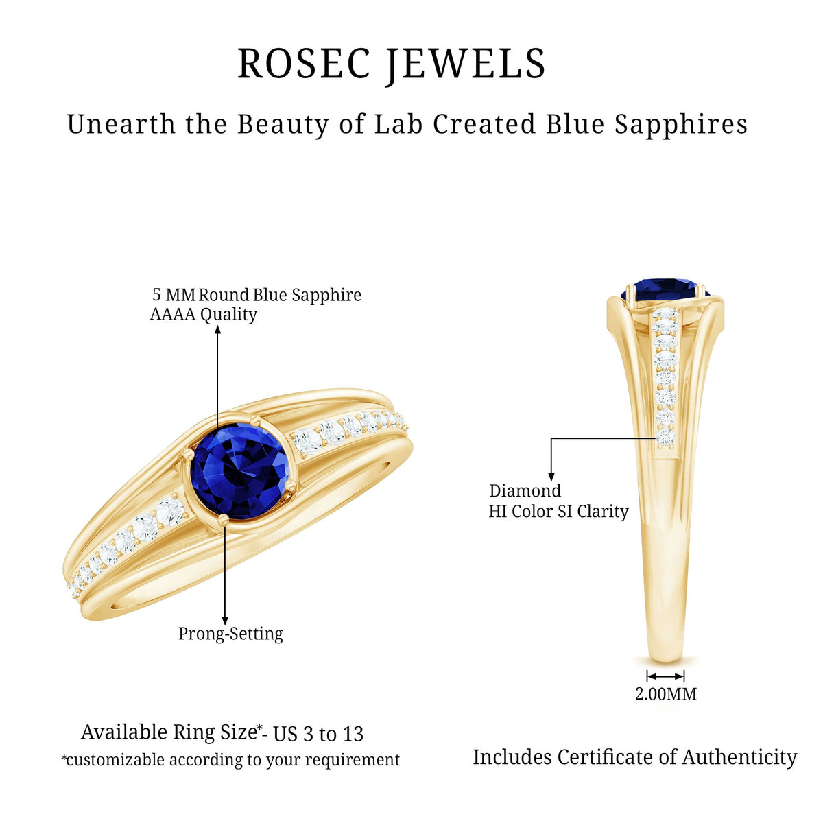 Created blue sapphire and diamond engagement ring by Rosec Jewels, featuring a classic design with sparkling gemstones.