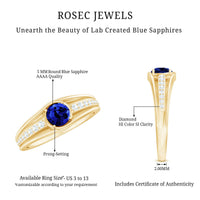 Created blue sapphire and diamond engagement ring by Rosec Jewels, featuring a classic design with sparkling gemstones.
