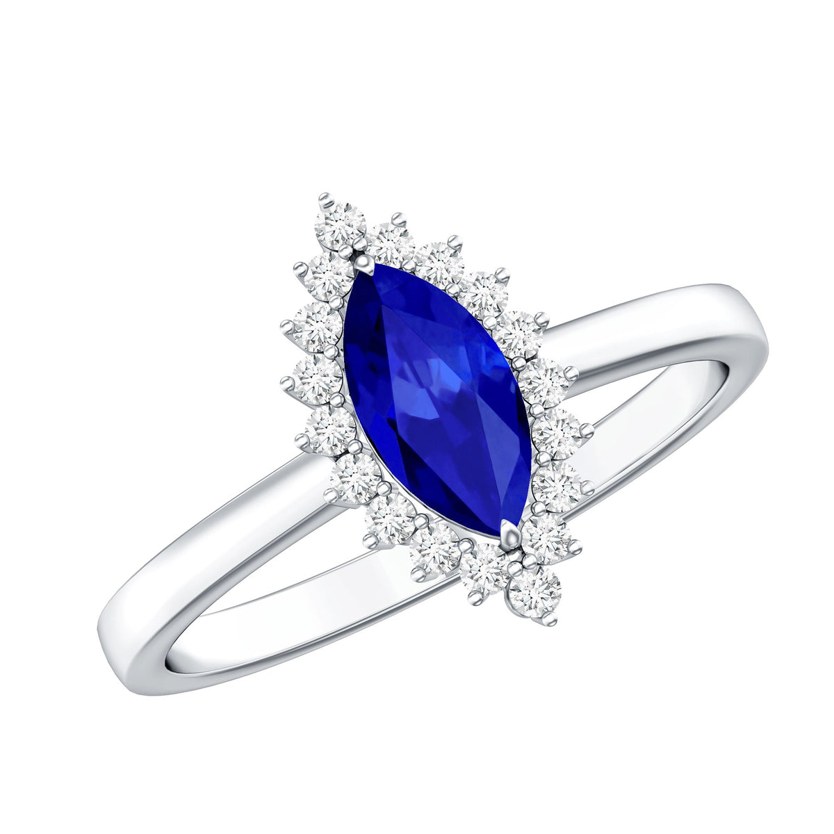 Marquise cut lab-grown blue sapphire engagement ring with diamond halo and rose gold band by Rosec Jewels.