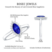 Marquise cut lab-grown blue sapphire engagement ring with diamond halo and rose gold band, showcasing intricate design and sparkling stones.