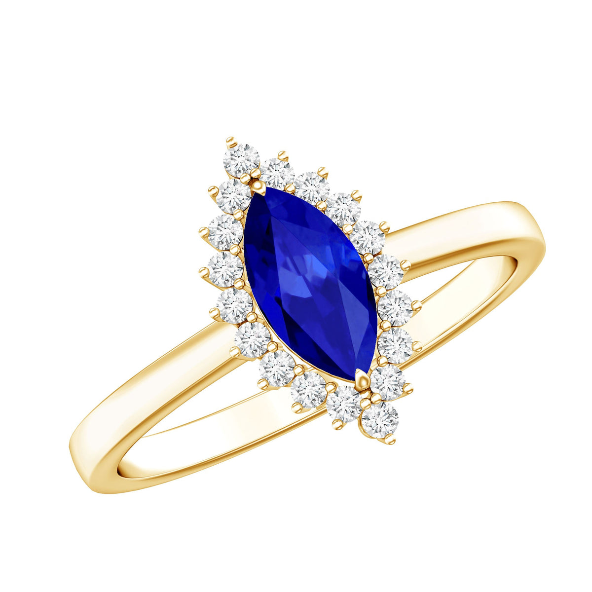 Marquise cut lab-grown blue sapphire engagement ring with diamond halo, set in elegant Rosec Jewels ring style.