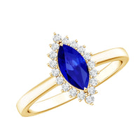 Marquise cut lab-grown blue sapphire engagement ring with diamond halo, set in elegant Rosec Jewels ring style.