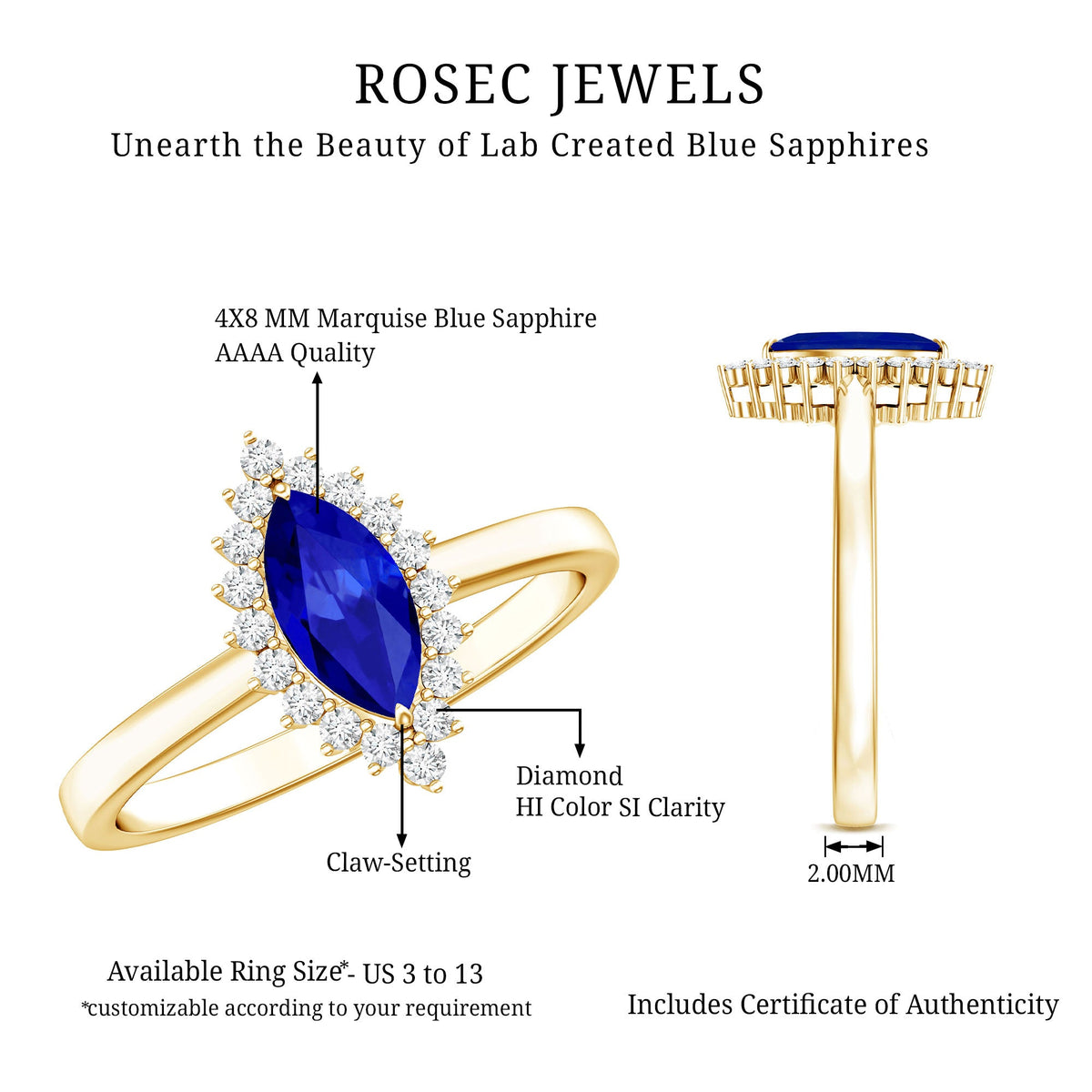 Marquise cut lab-grown blue sapphire engagement ring with diamond halo setting from Rosec Jewels, showcasing intricate design and sparkling stones.