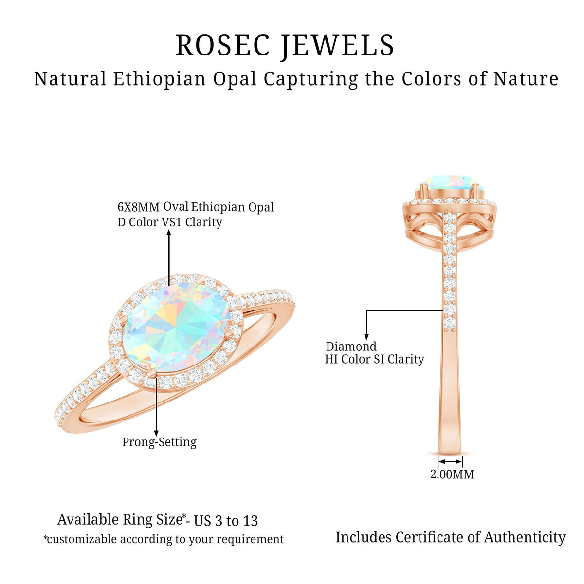 Genuine 6X8mm Oval Opalescent East West Engagement Ring with Diamond Halo