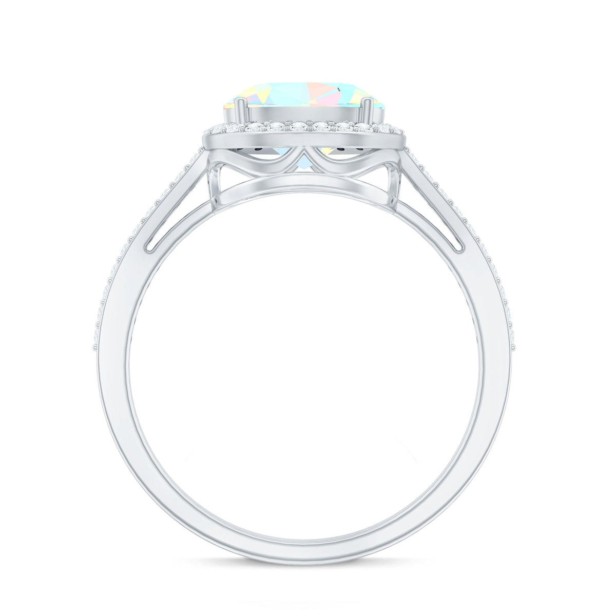 Genuine 6X8mm Oval Opalescent East West Engagement Ring with Diamond Halo