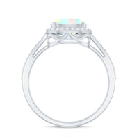 Genuine 6X8mm Oval Opalescent East West Engagement Ring with Diamond Halo