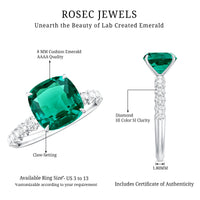 Certified Lab Grown Emerald Cushion Cut Engagement Ring with Diamond Side Stones