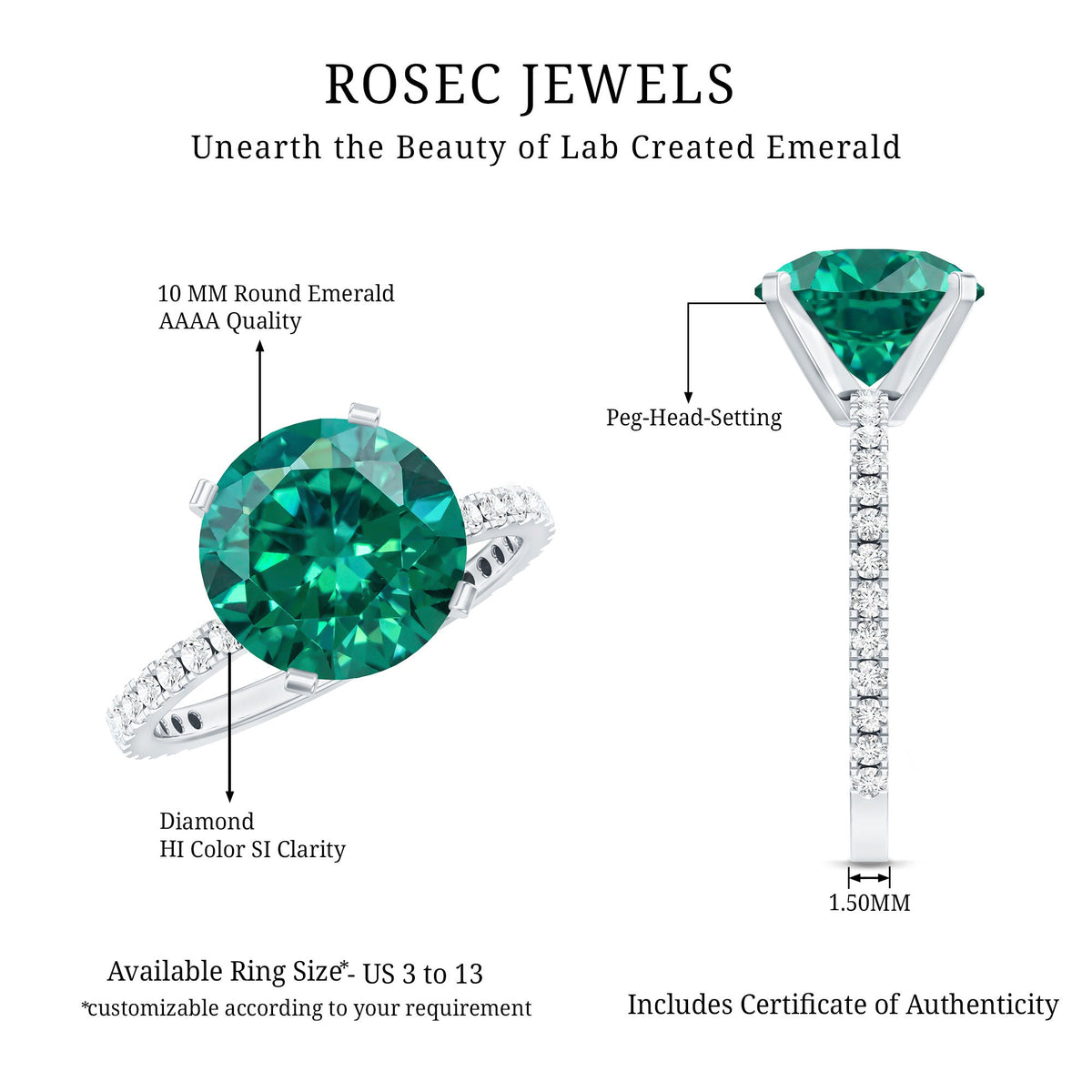 Certified 10 mm Lab Grown Emerald Huge Engagement Ring with Diamond