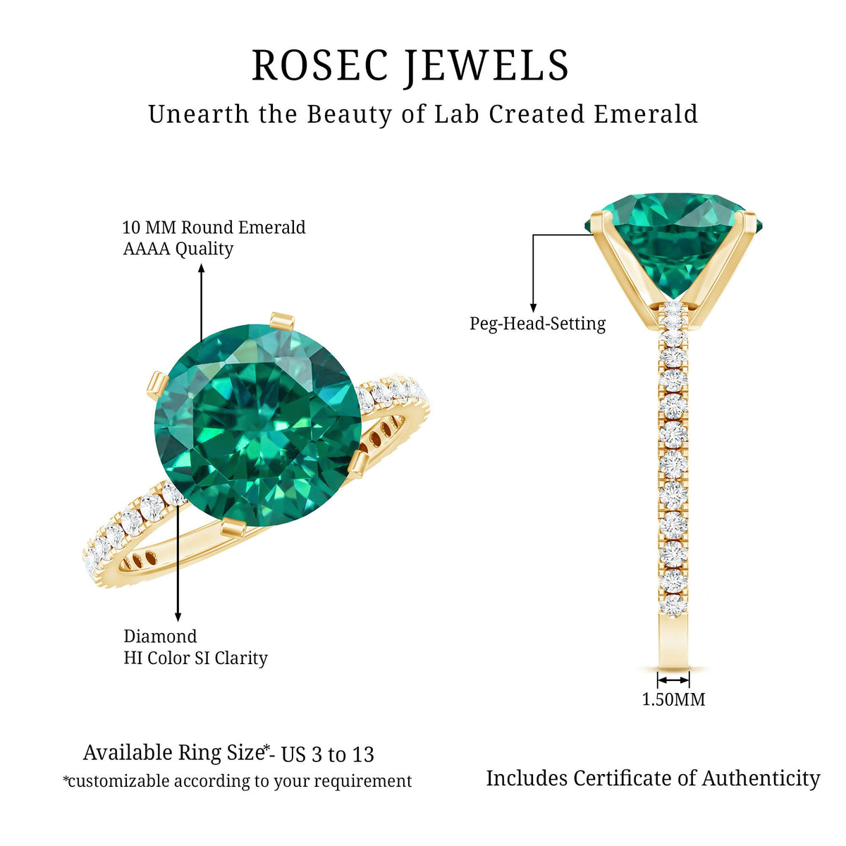Certified 10 mm Lab Grown Emerald Huge Engagement Ring with Diamond