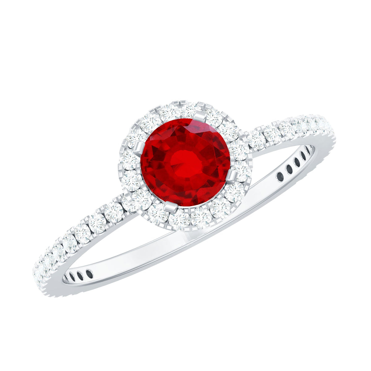 Lab-created ruby and diamond halo engagement ring by Rosec Jewels, featuring a 0.6 carat center stone in a detailed ring setting.