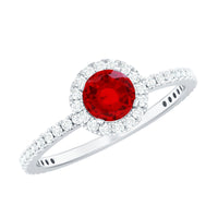 Lab-created ruby and diamond halo engagement ring by Rosec Jewels, featuring a 0.6 carat center stone in a detailed ring setting.