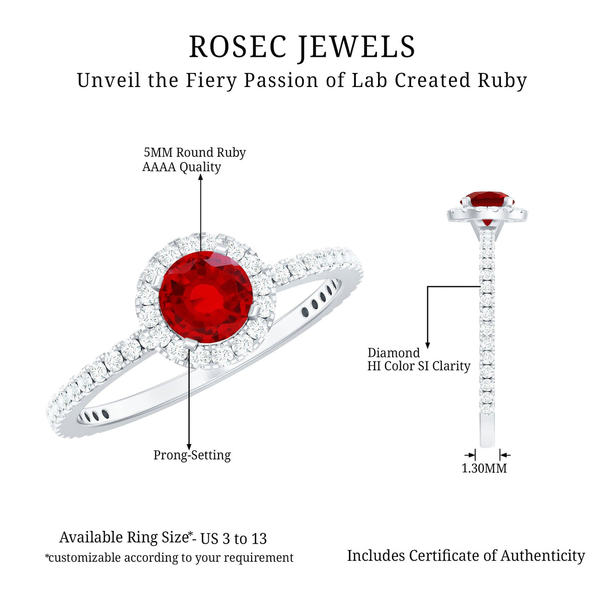 Lab-created 0.6 carat ruby and diamond halo engagement ring by Rosec Jewels featuring a central ruby surrounded by sparkling diamonds.