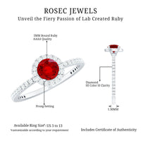 Lab-created 0.6 carat ruby and diamond halo engagement ring by Rosec Jewels featuring a central ruby surrounded by sparkling diamonds.