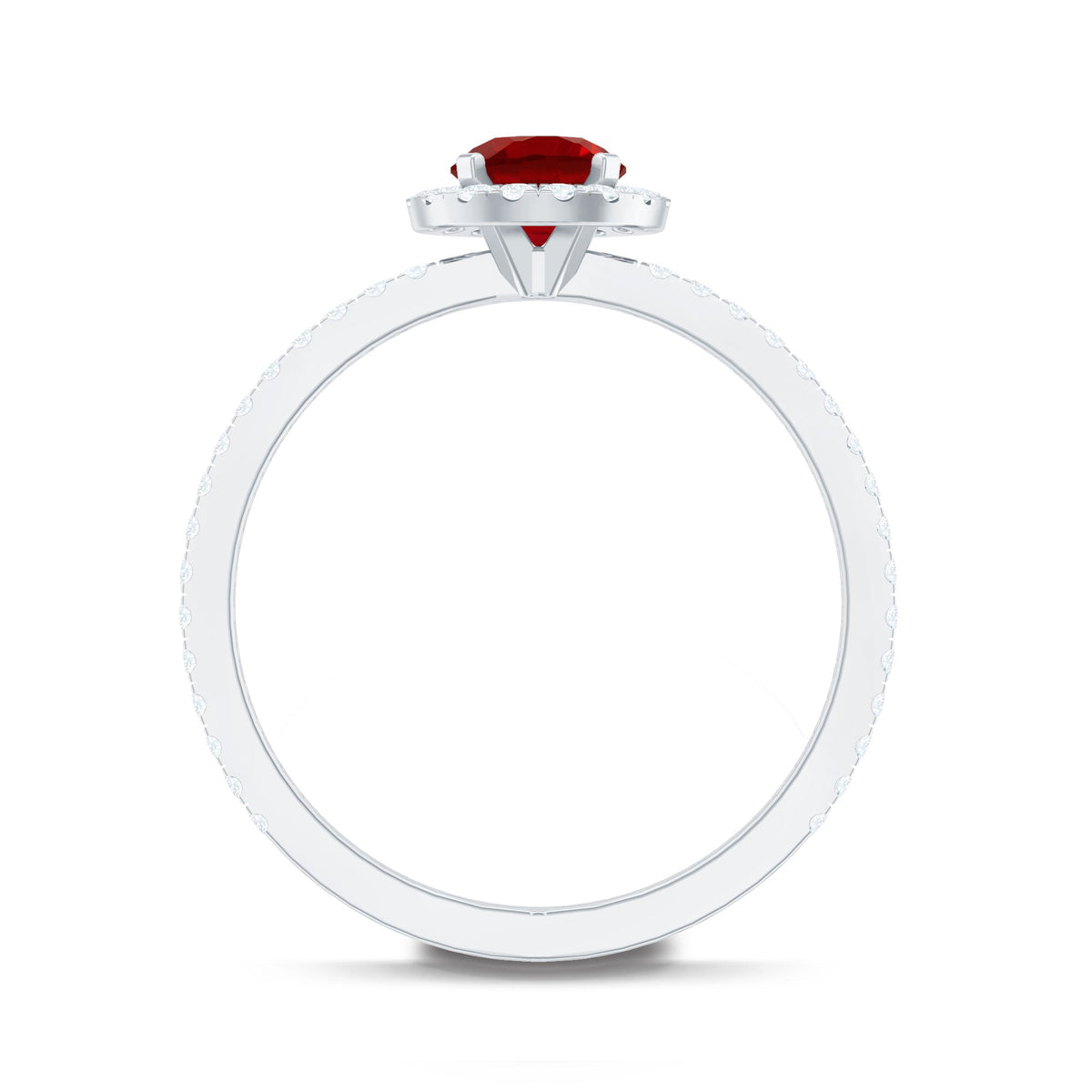 Lab-created ruby and diamond halo engagement ring from Rosec Jewels featuring a 0.6 carat center stone and intricate band details.