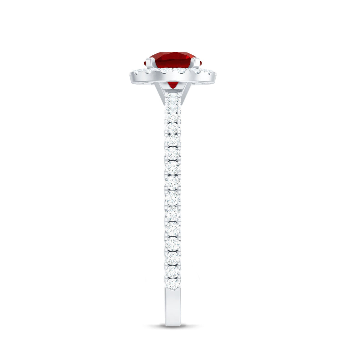 Lab-created ruby and diamond halo engagement ring by Rosec Jewels, featuring a 0.6 carat center stone and intricate band details