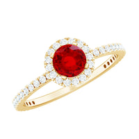 0.6 carat lab-created ruby and diamond halo engagement ring from Rosec Jewels, showcasing a sparkling center ruby with surrounding diamonds.