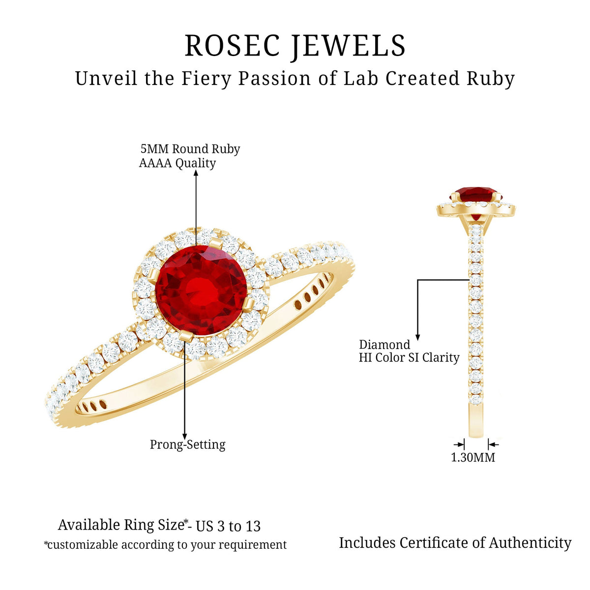 Lab-created ruby and diamond halo engagement ring from Rosec Jewels with a 0.6 carat center stone, set in a detailed ring setting.