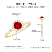 Lab-created ruby and diamond halo engagement ring from Rosec Jewels with a 0.6 carat center stone, set in a detailed ring setting.