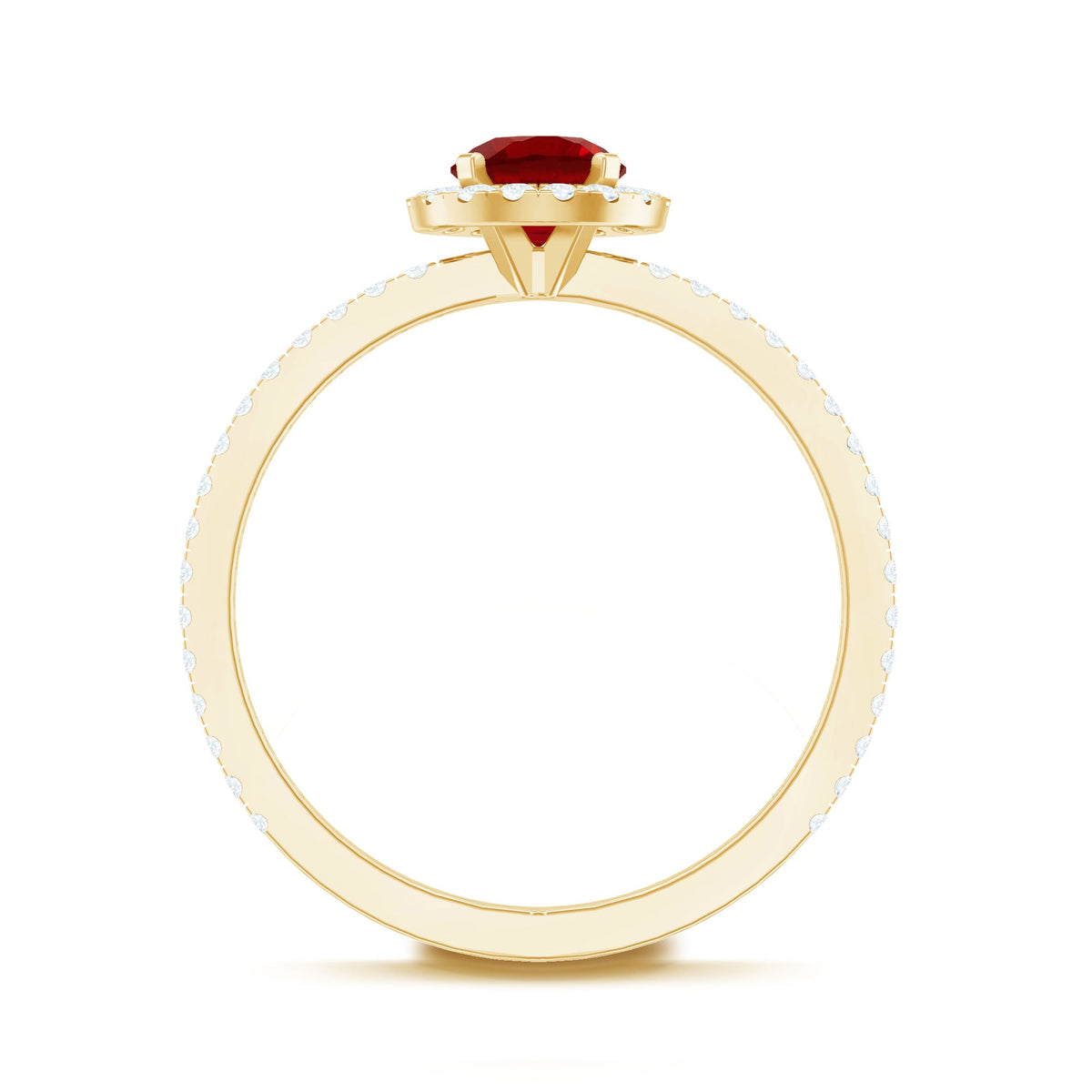 0.6 carat lab-created ruby and diamond halo engagement ring by Rosec Jewels, featuring a central ruby surrounded by sparkling diamonds.