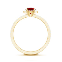 0.6 carat lab-created ruby and diamond halo engagement ring by Rosec Jewels, featuring a central ruby surrounded by sparkling diamonds.