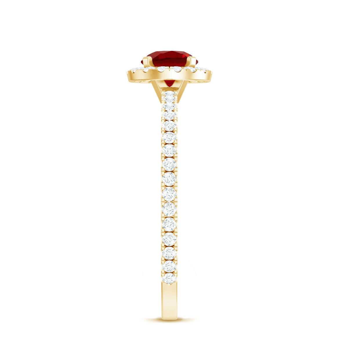 Lab created ruby and diamond halo engagement ring by Rosec Jewels featuring a 0.6 carat center stone and intricate band design.