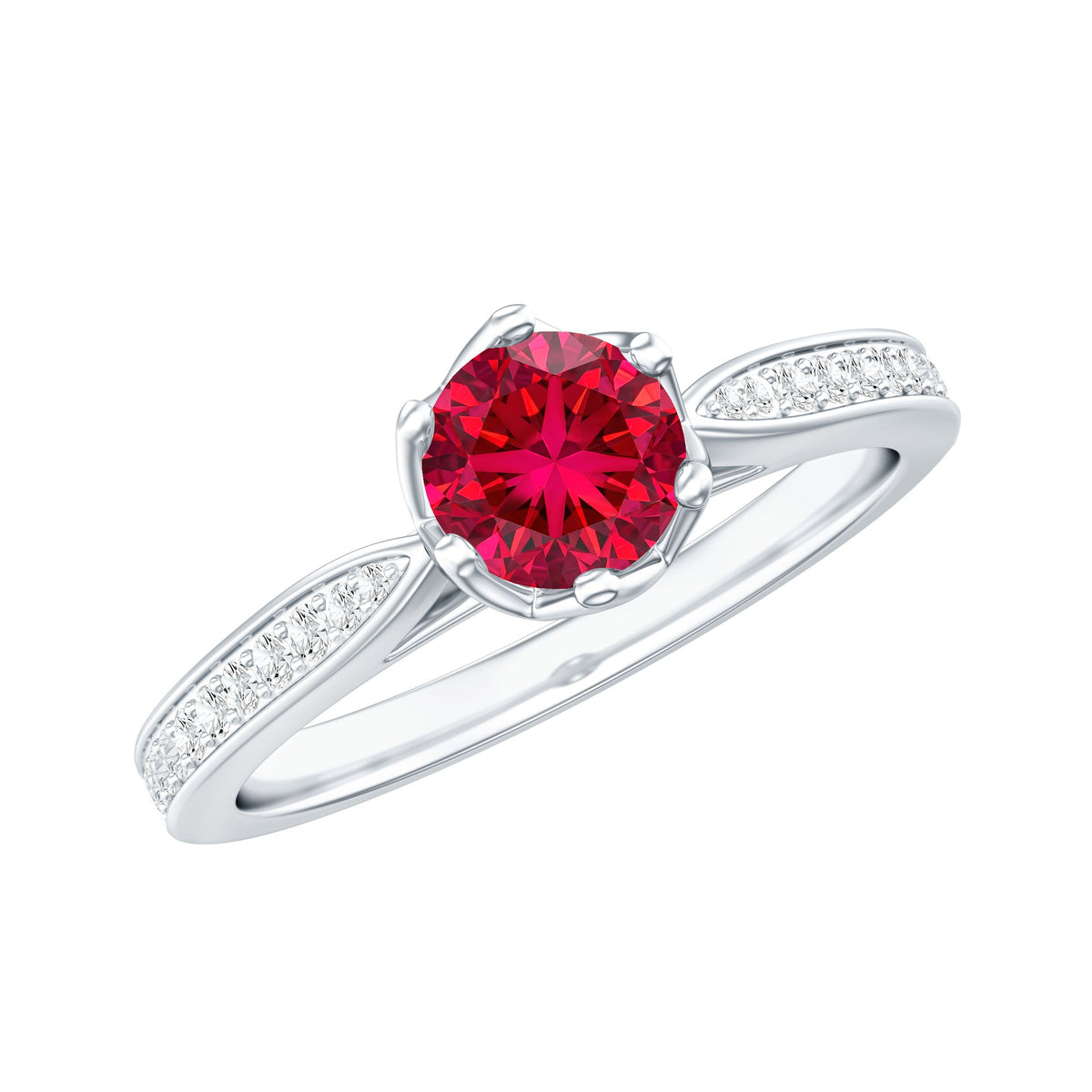 1 CT Round Shape Created Ruby Solitaire Engagement Ring with Diamond