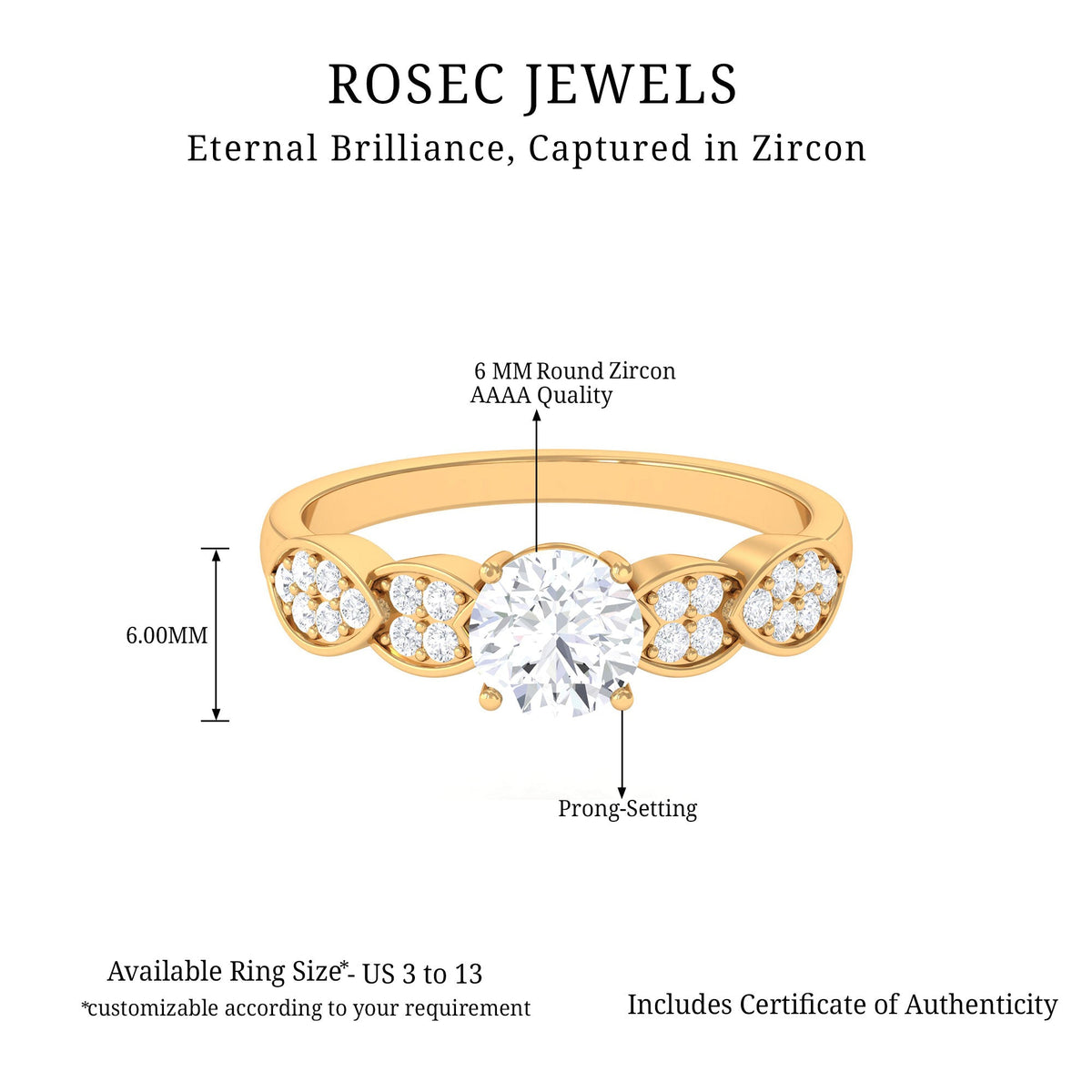 Classic Round Zirconia Engagement Ring with Side Stones