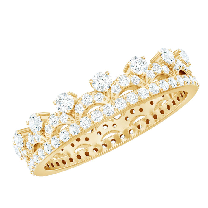 Round cut certified moissanite crown wedding band for women by Rosec Jewels, showcasing a sparkling, elegant ring design.
