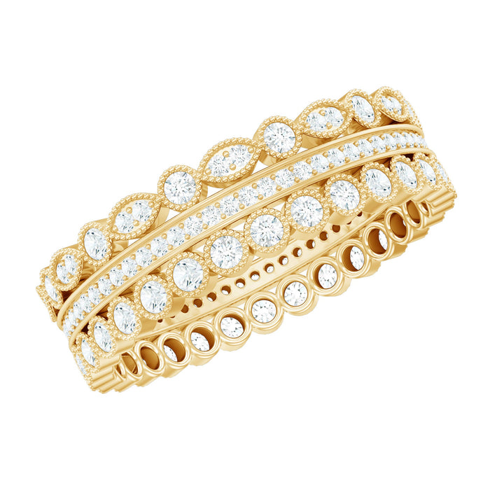 Vintage-looking 3-row moissanite wedding band ring by Rosec Jewels with sparkling gemstones and intricate detailing.