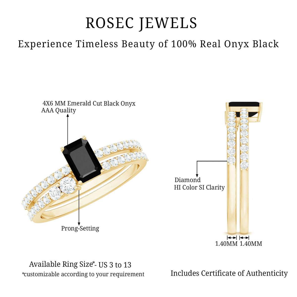 Emerald Cut Black Onyx and Diamond Bridal Ring Set