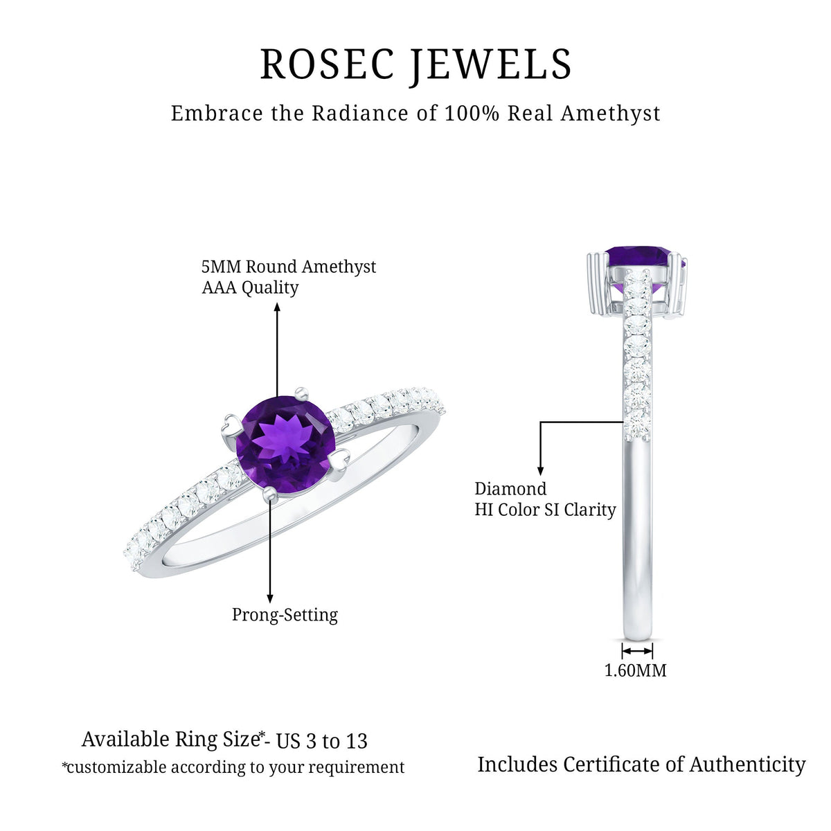 Genuine amethyst promise ring with diamond accent for women, featuring a silver band and elegant design by Rosec Jewels.