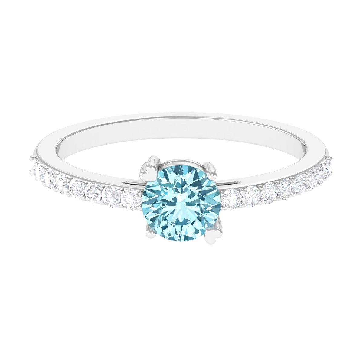Rosec Jewels aquamarine solitaire engagement ring with diamond, featuring a sleek band and elegant gemstone setting.