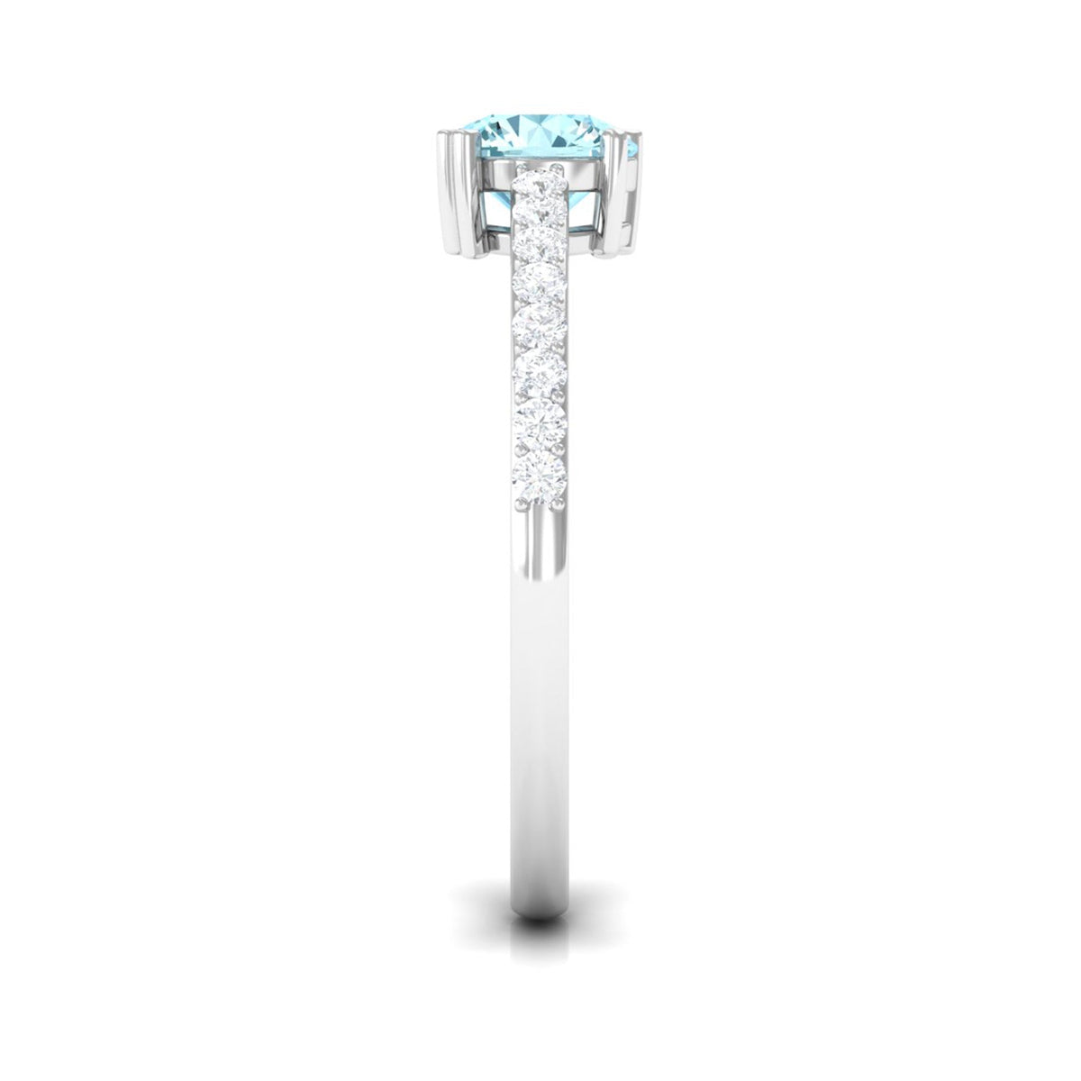 Rosec Jewels aquamarine solitaire engagement ring with diamond, featuring a sleek design and a central aquamarine gemstone.