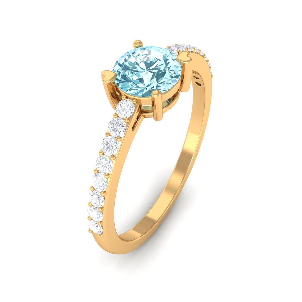 Rosec Jewels aquamarine solitaire engagement ring with diamond, featuring a sleek design and shiny metal band.