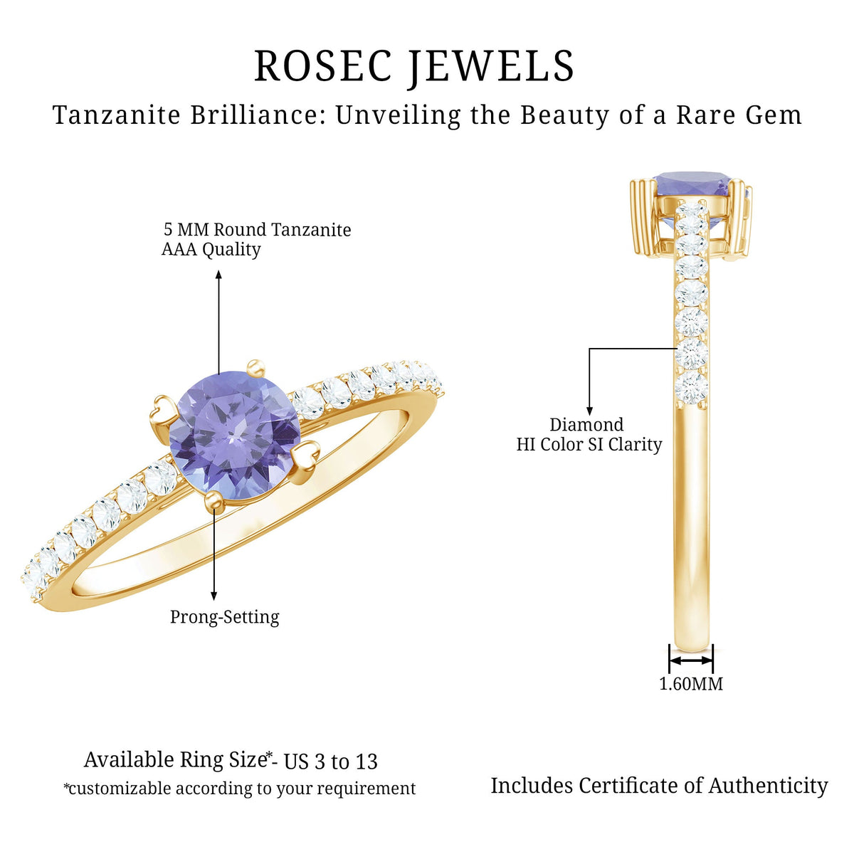 Certified real Tanzanite promise ring with diamond accents from Rosec Jewels, showcasing a stunning blue gemstone and elegant band.