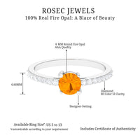Designer fire opal promise ring with diamond accents from Rosec Jewels, featuring a vibrant orange gemstone and elegant band.