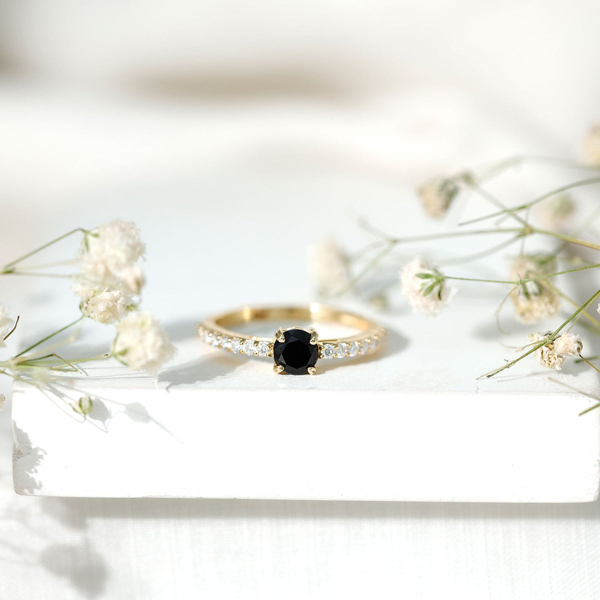 Round Black Onyx Promise Ring with Diamond Side Stones