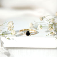 Round Black Onyx Promise Ring with Diamond Side Stones