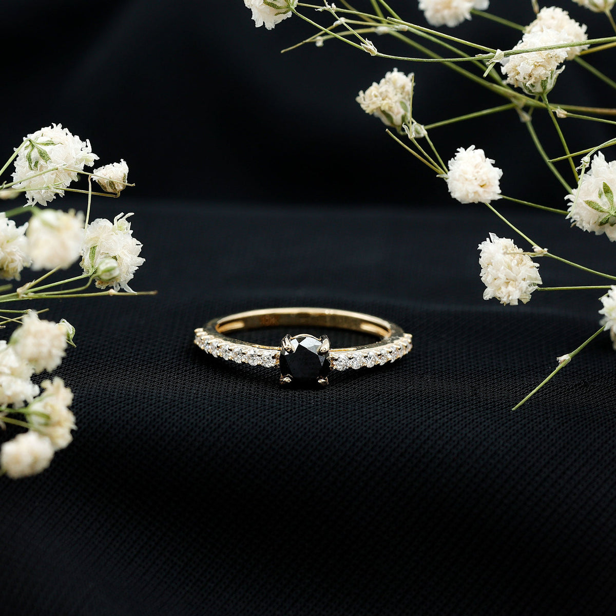 Round Black Onyx Promise Ring with Diamond Side Stones