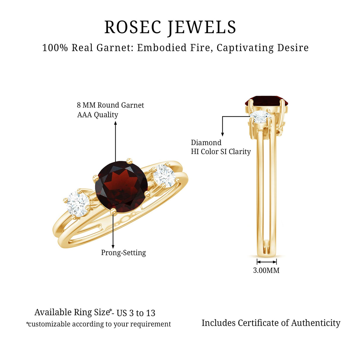 Genuine 8mm Garnet Diamond Double Band Engagement Ring