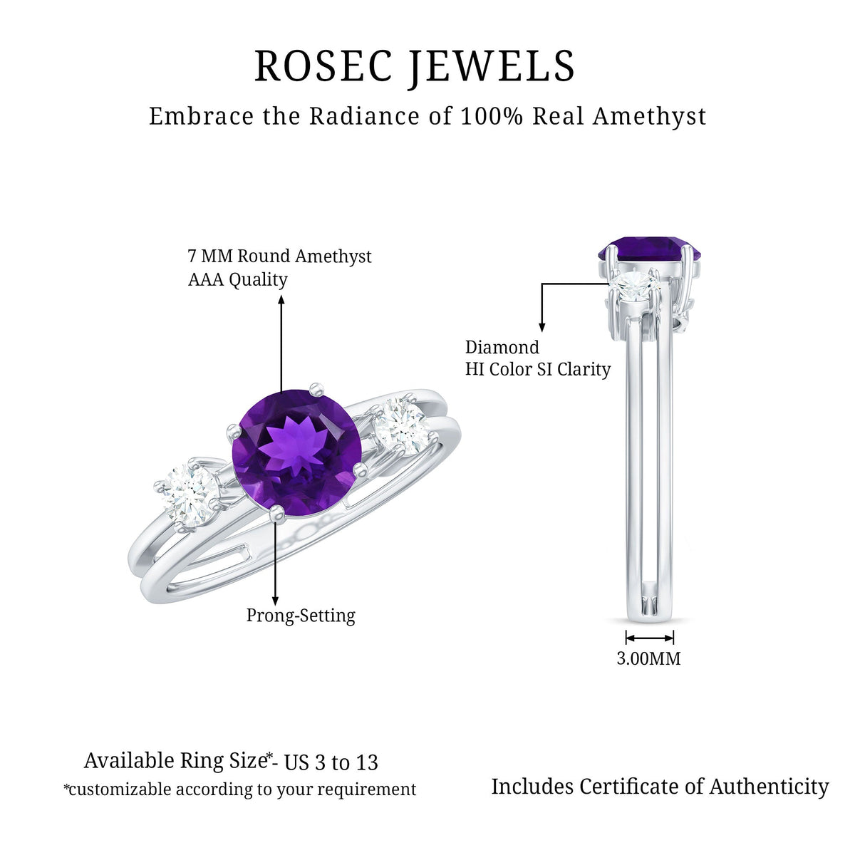 Natural 1.2 carat amethyst double band engagement ring with diamonds, showcasing a stunning purple gemstone and elegant design.
