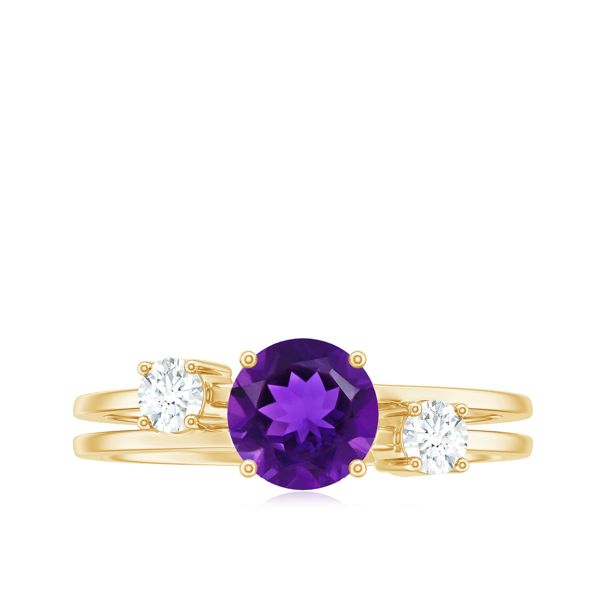 Natural 1.2 carat amethyst double band engagement ring with diamond accents from Rosec Jewels, showcasing detailed silver setting.