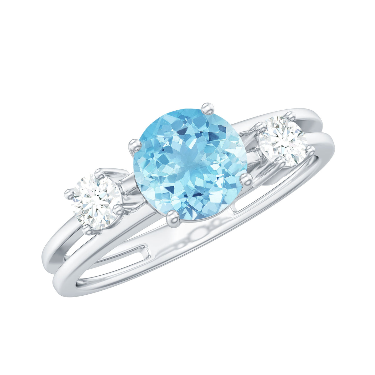 Rosec Jewels 0.8 Carat aquamarine and diamond three-stone engagement ring with double band shank, showcasing elegant jewelry craftsmanship.