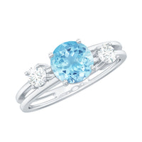 Rosec Jewels 0.8 Carat aquamarine and diamond three-stone engagement ring with double band shank, showcasing elegant jewelry craftsmanship.