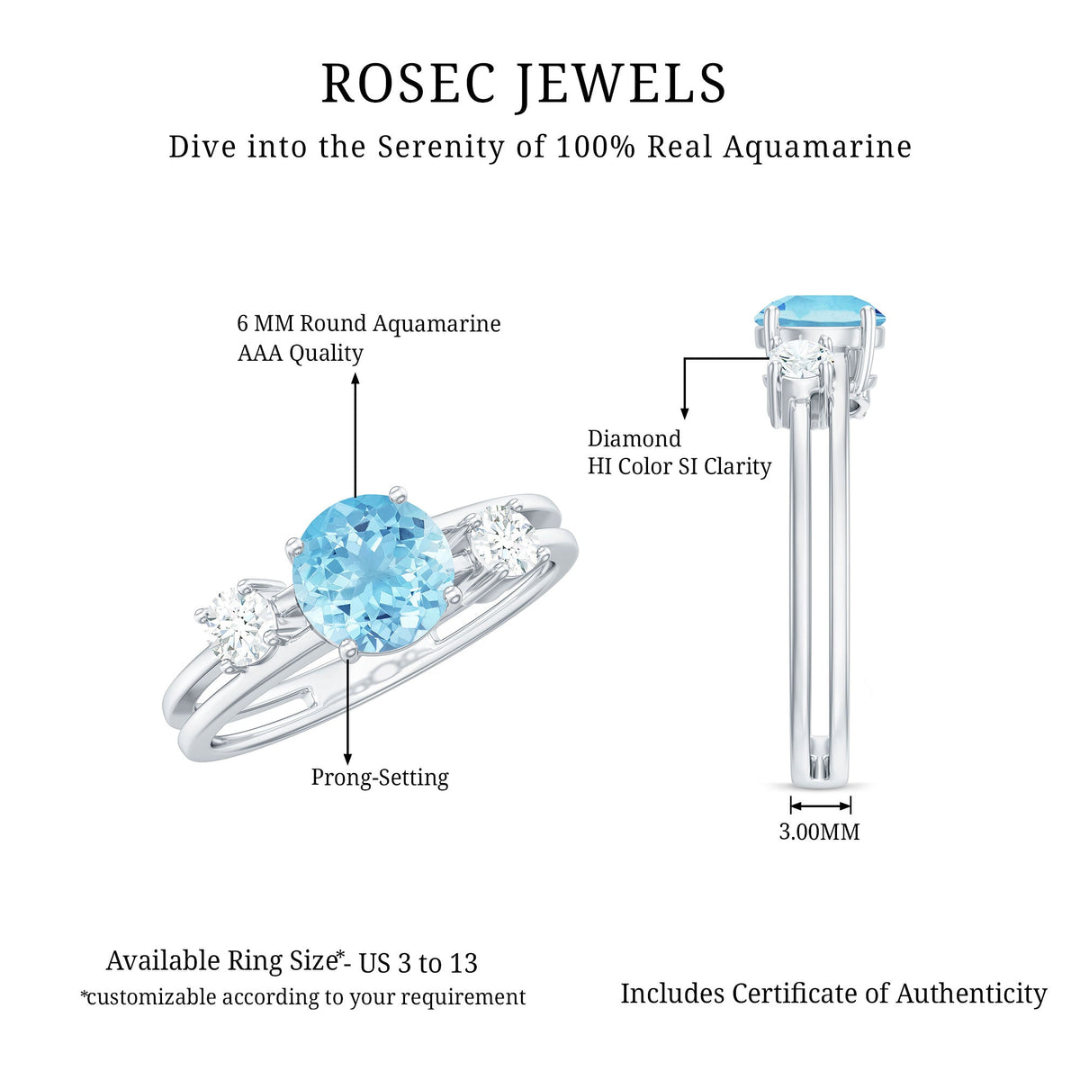 Three-stone aquamarine and diamond engagement ring with double band shank by Rosec Jewels, showcasing sparkling gemstones and elegant design.