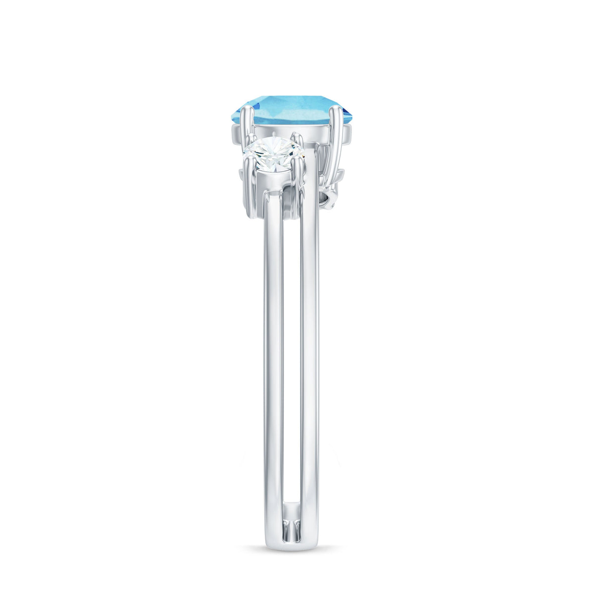 Rosec Jewels 0.8 carat aquamarine and diamond three-stone engagement ring with double band shank, showcasing elegant gemstone setting.