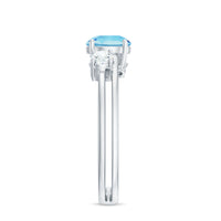 Rosec Jewels 0.8 carat aquamarine and diamond three-stone engagement ring with double band shank, showcasing elegant gemstone setting.